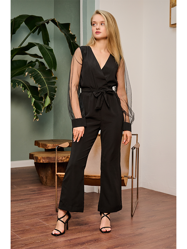 Black Contrast Mesh Bishop Sleeve Belted Jumpsuit