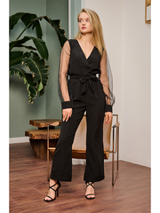 Black Contrast Mesh Bishop Sleeve Belted Jumpsuit