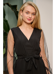 Black Contrast Mesh Bishop Sleeve Belted Jumpsuit