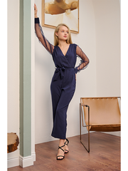Blue Contrast Mesh Bishop Sleeve Belted Jumpsuit