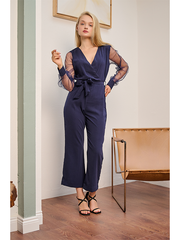 Blue Contrast Mesh Bishop Sleeve Belted Jumpsuit
