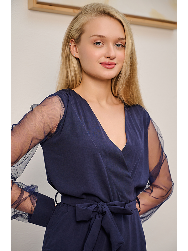 Blue Contrast Mesh Bishop Sleeve Belted Jumpsuit