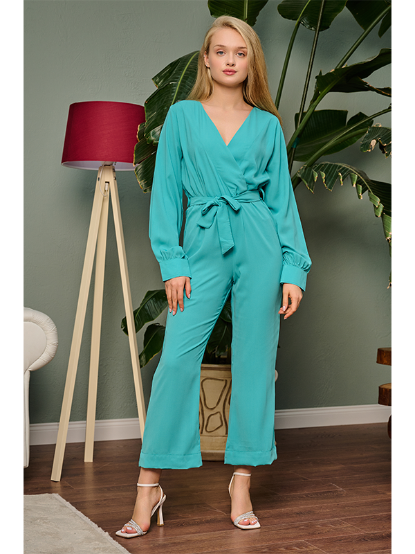Turquoise Contrast Mesh Bishop Sleeve Belted Jumpsuit