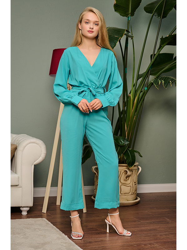 Turquoise Contrast Mesh Bishop Sleeve Belted Jumpsuit