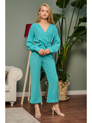 Turquoise Contrast Mesh Bishop Sleeve Belted Jumpsuit