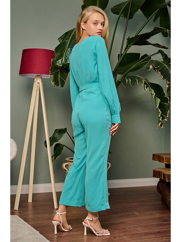 Turquoise Contrast Mesh Bishop Sleeve Belted Jumpsuit