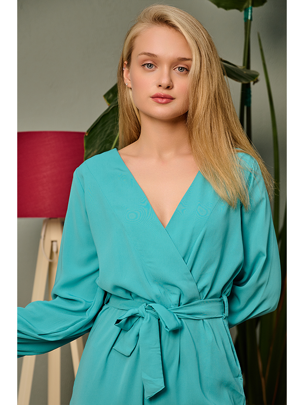 Turquoise Contrast Mesh Bishop Sleeve Belted Jumpsuit