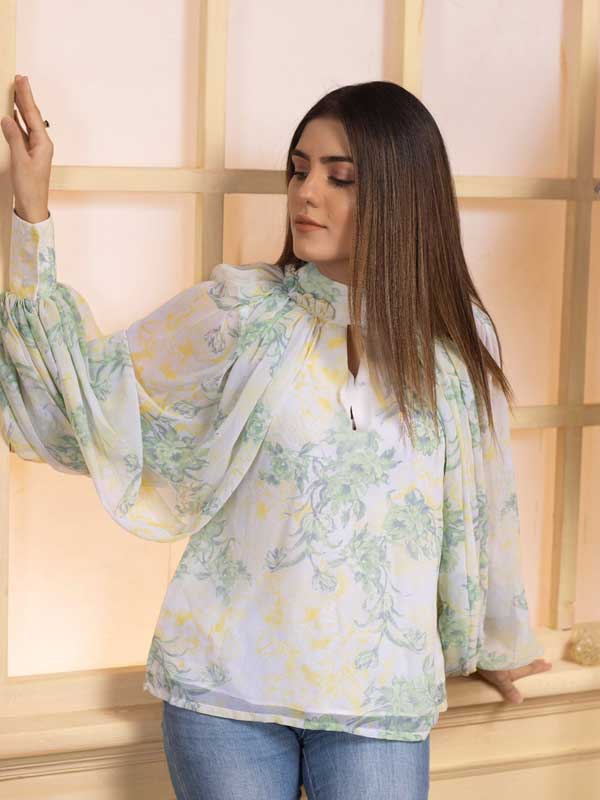 Keyhole Neck Lantern Sleeve Marble Print Pleated Top
