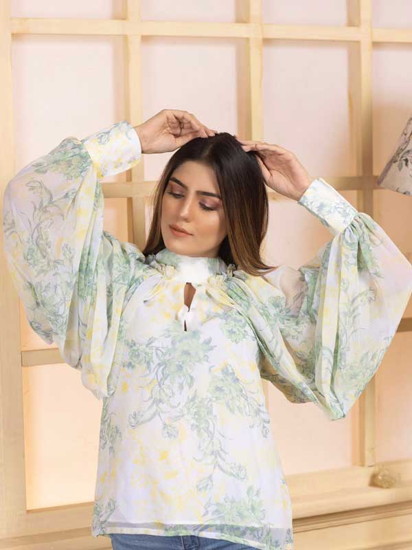 Keyhole Neck Lantern Sleeve Marble Print Pleated Top