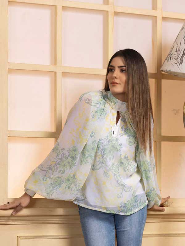 Keyhole Neck Lantern Sleeve Marble Print Pleated Top