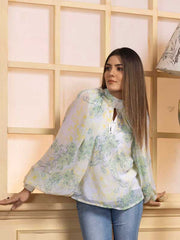 Keyhole Neck Lantern Sleeve Marble Print Pleated Top