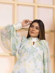Keyhole Neck Lantern Sleeve Marble Print Pleated Top