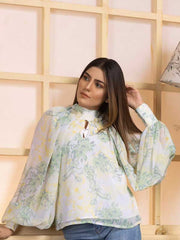 Keyhole Neck Lantern Sleeve Marble Print Pleated Top