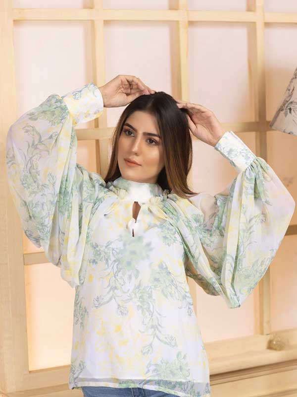 Keyhole Neck Lantern Sleeve Marble Print Pleated Top