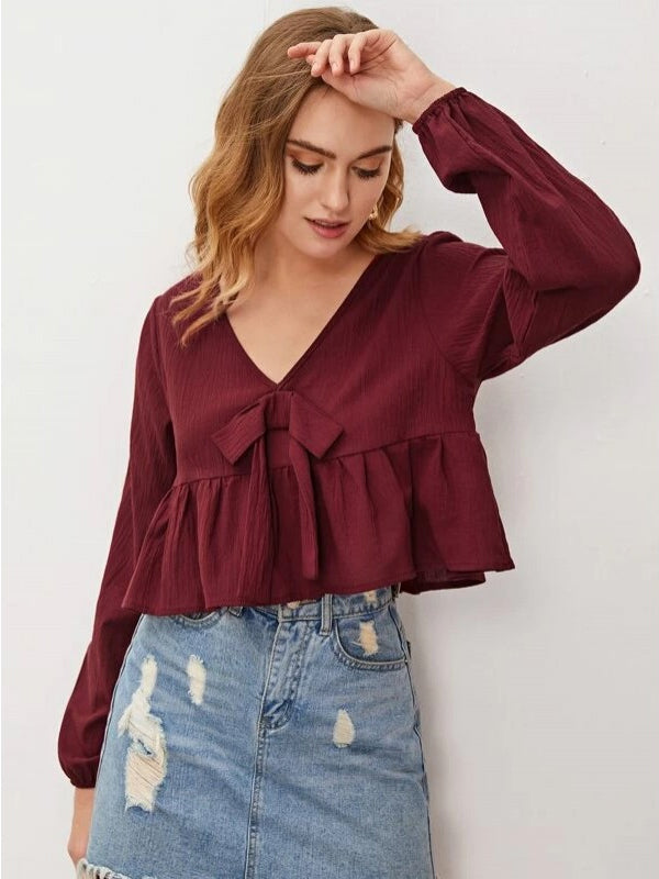 Maroon Plunging Neck Knot Front Peplum Blouse