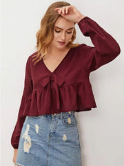 Maroon Plunging Neck Knot Front Peplum Blouse