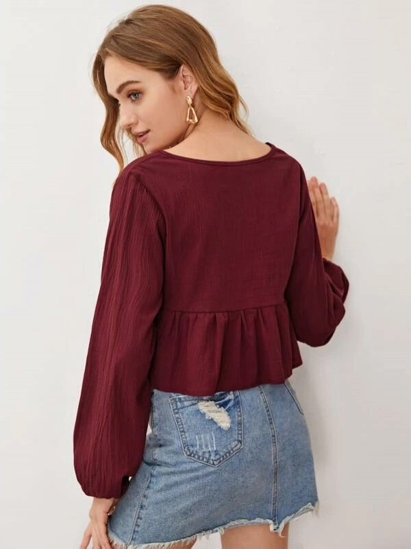 Maroon Plunging Neck Knot Front Peplum Blouse