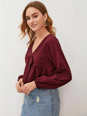 Maroon Plunging Neck Knot Front Peplum Blouse