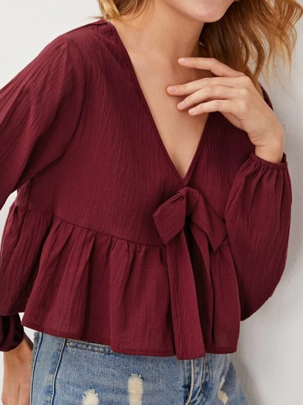 Maroon Plunging Neck Knot Front Peplum Blouse