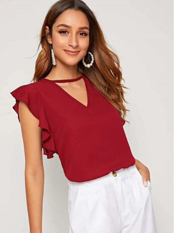 Maroon V-Cut Neck Butterfly Sleeve Top