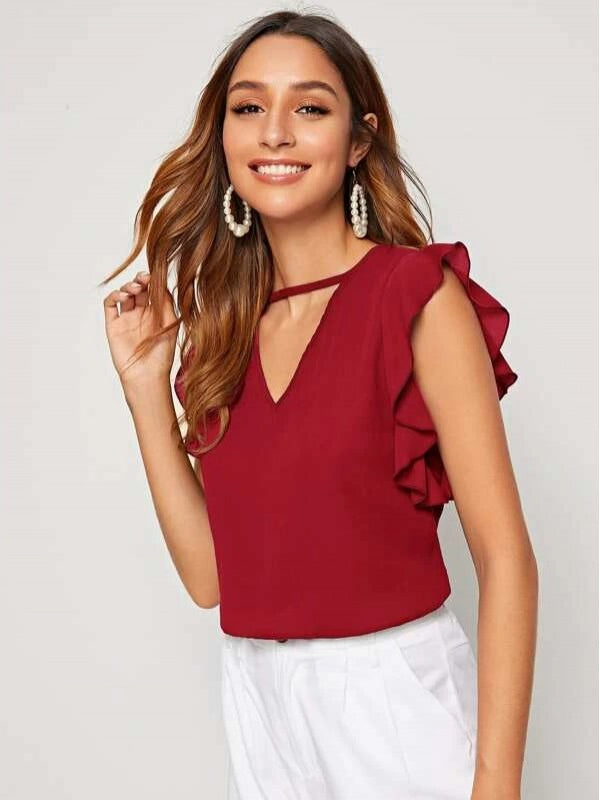 Maroon V-Cut Neck Butterfly Sleeve Top