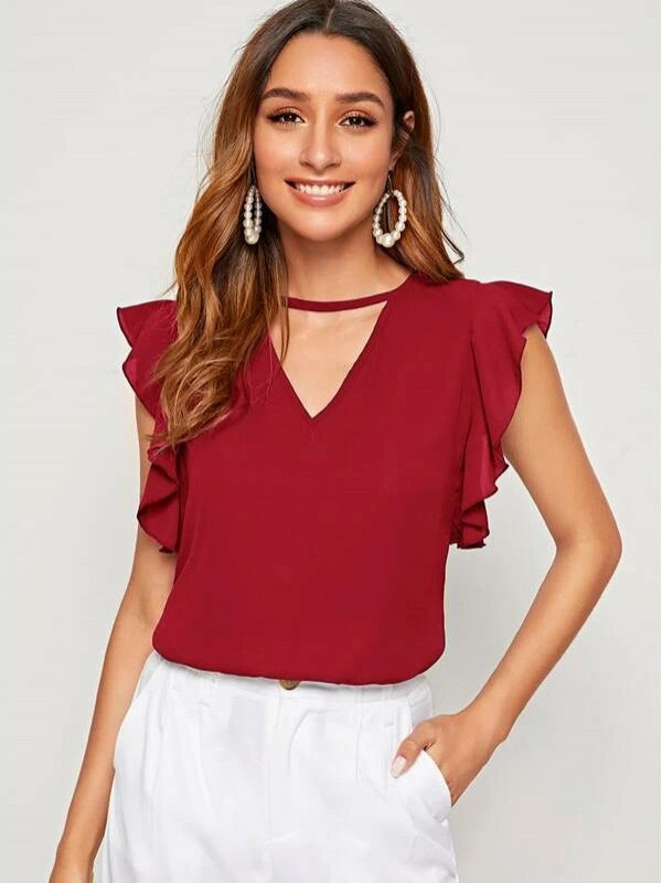Maroon V-Cut Neck Butterfly Sleeve Top