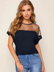 Navy Blue Mesh Yoke Dolman Sleeve Top