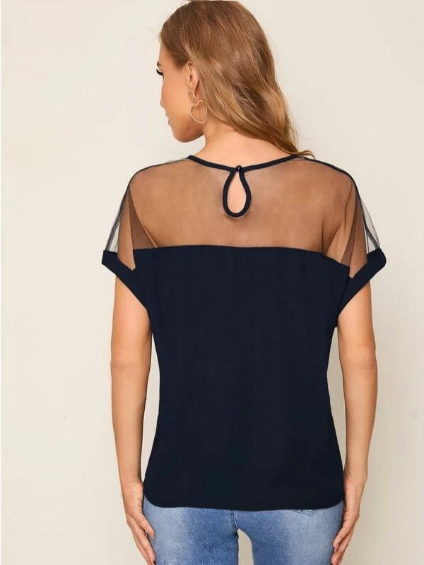 Navy Blue Mesh Yoke Dolman Sleeve Top