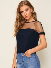 Navy Blue Mesh Yoke Dolman Sleeve Top
