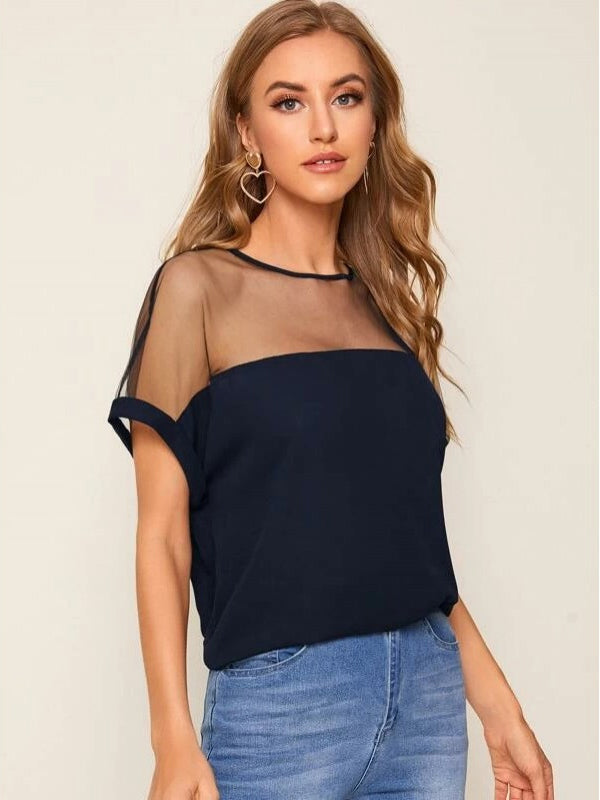 Navy Blue Mesh Yoke Dolman Sleeve Top