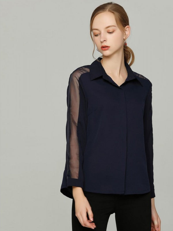 Mesh Panel Button Shirt Women