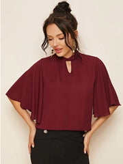 Keyhole Neck Flutter Sleeve Top