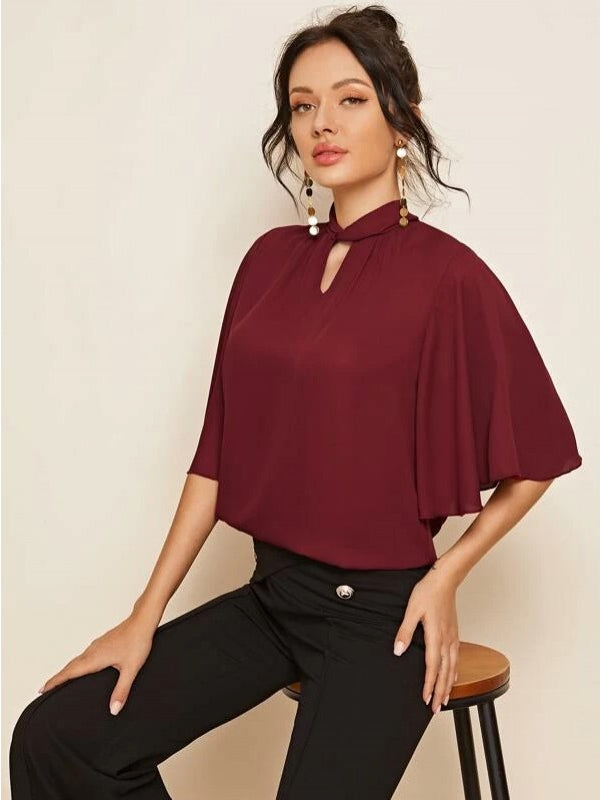Keyhole Neck Flutter Sleeve Top