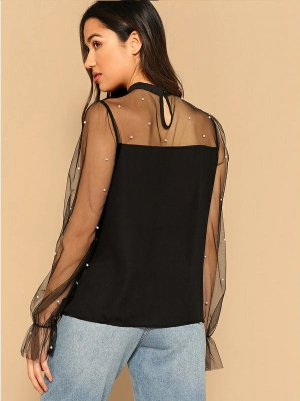 Pearl Beaded Mesh Yoke Blouse