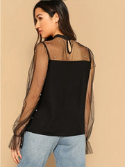 Pearl Beaded Mesh Yoke Blouse