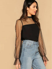 Pearl Beaded Mesh Yoke Blouse