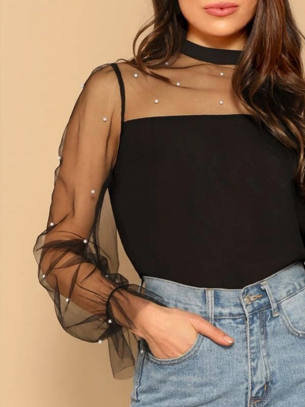 Pearl Beaded Mesh Yoke Blouse