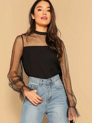 Pearl Beaded Mesh Yoke Blouse