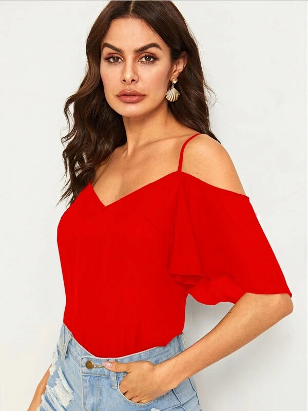 Red Cold Shoulder Layered Sleeve Top