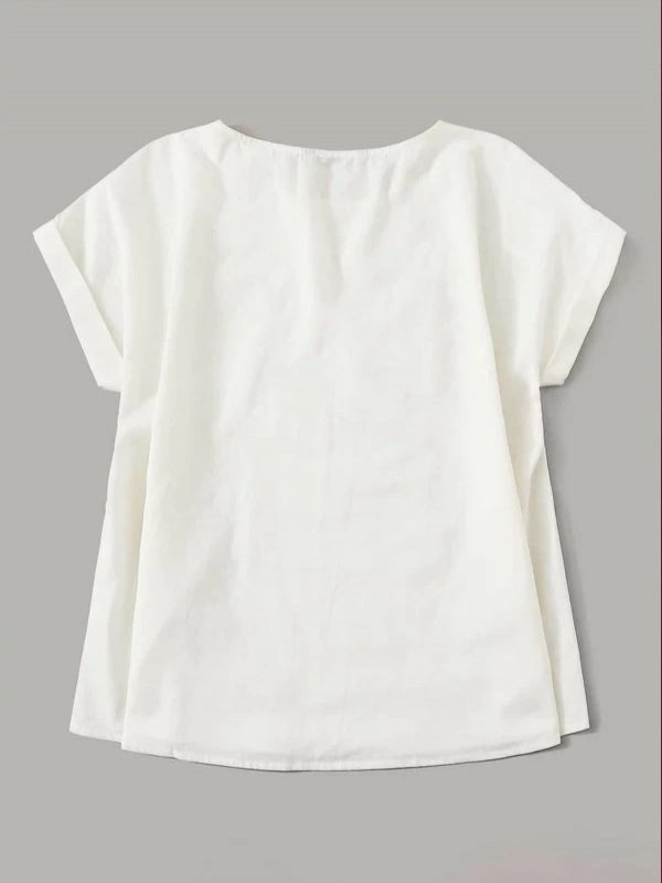 White Button Detailing Rolled Cuff Top