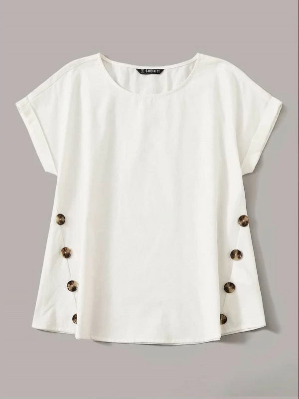 White Button Detailing Rolled Cuff Top