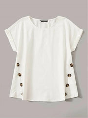 White Button Detailing Rolled Cuff Top