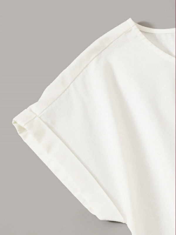 White Button Detailing Rolled Cuff Top