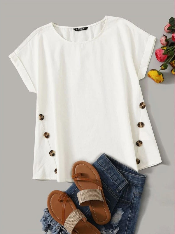 White Button Detailing Rolled Cuff Top