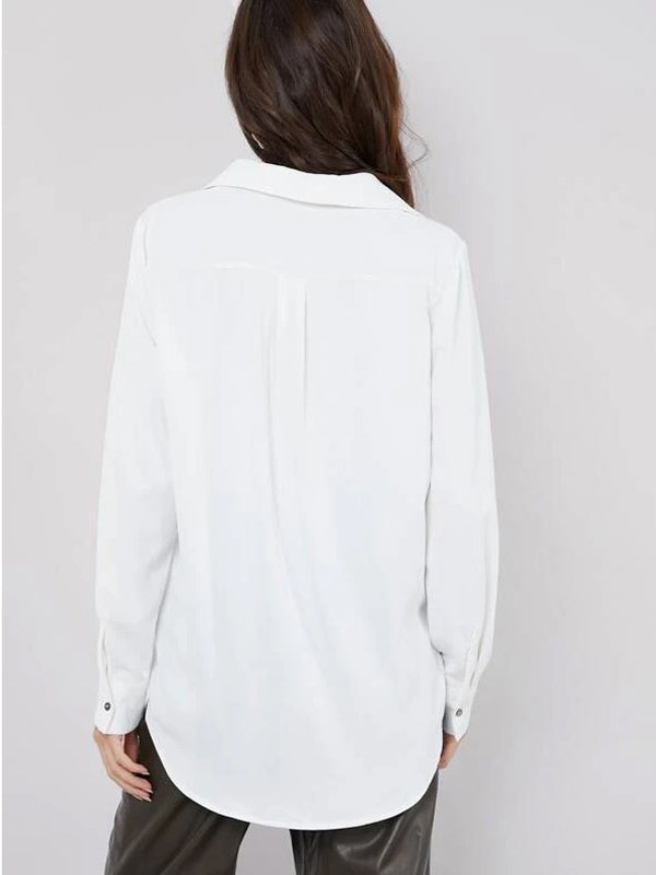 White Fold Pleated Back Solid Blouse