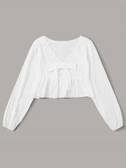 White Plunging Neck Knot Front Peplum Blouse